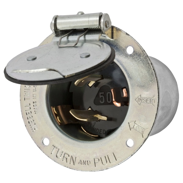 Flanged Locking Inlet, Non-NEMA, 50 A, 250V AC, Three Phase, 2 Pole, Screw Terminals, Silver